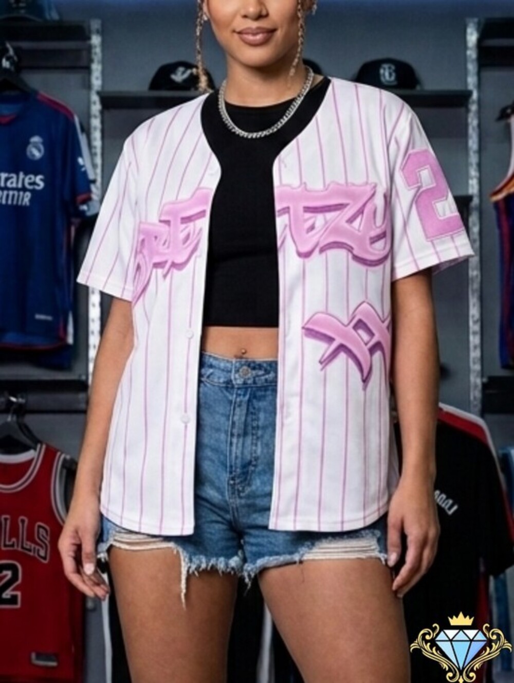 Chris Brown Breezy Bowl XX Pink Pinstripe Baseball Jersey - Women’s Medium (EUC)